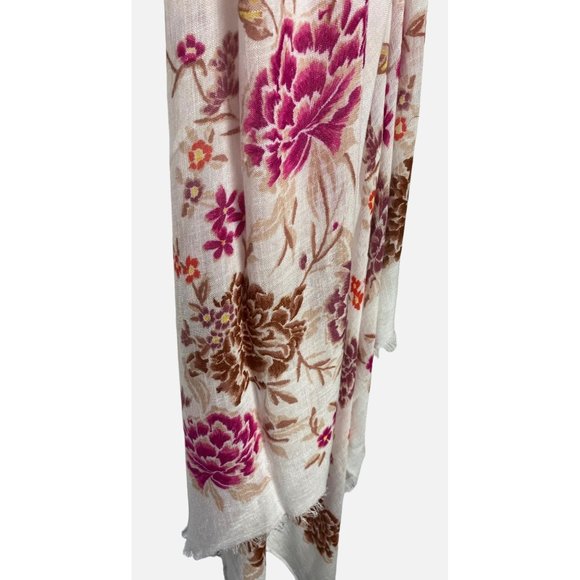 White Floral Wrap Scarf with Fringed Edges Length 76 Inches - Picture 1 of 5